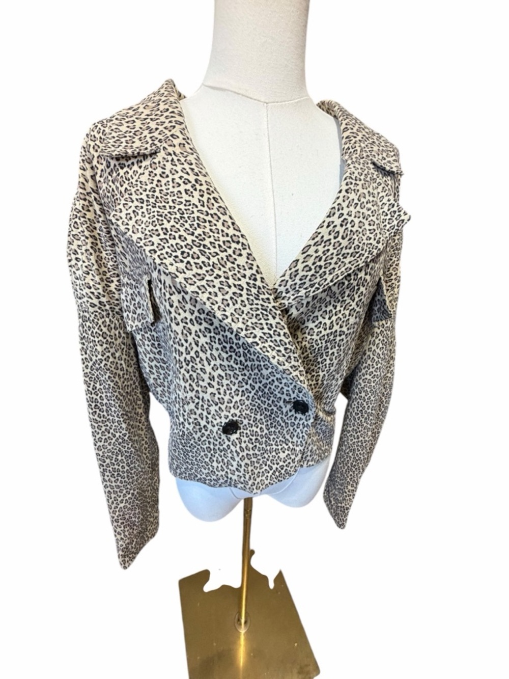 Leopard Print Double-Breasted Blazer Jacket - Cream/Black